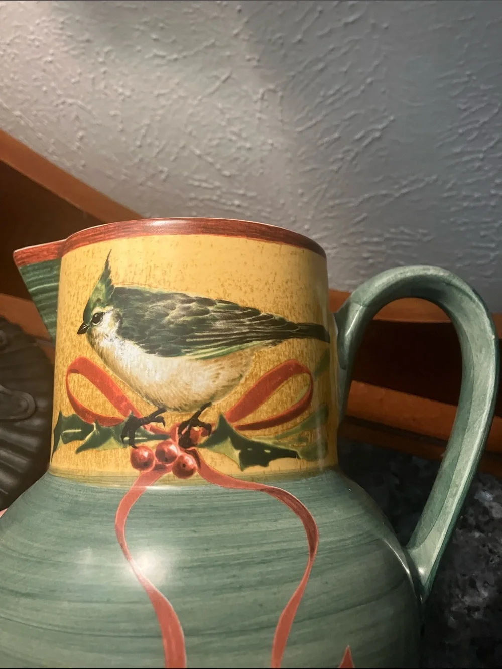 Lenox Winter Greetings Green Pitcher with Yellow Bird Panel and Red Ribbon Detai